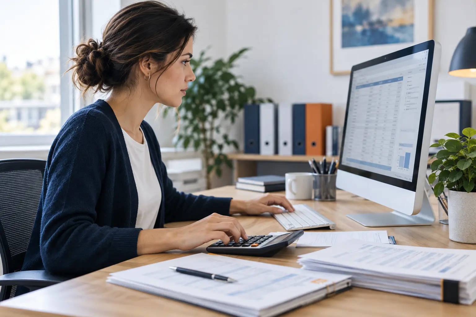Accounting tasks — Recording transactions, checking documents and reviewing information. Illustrative scene