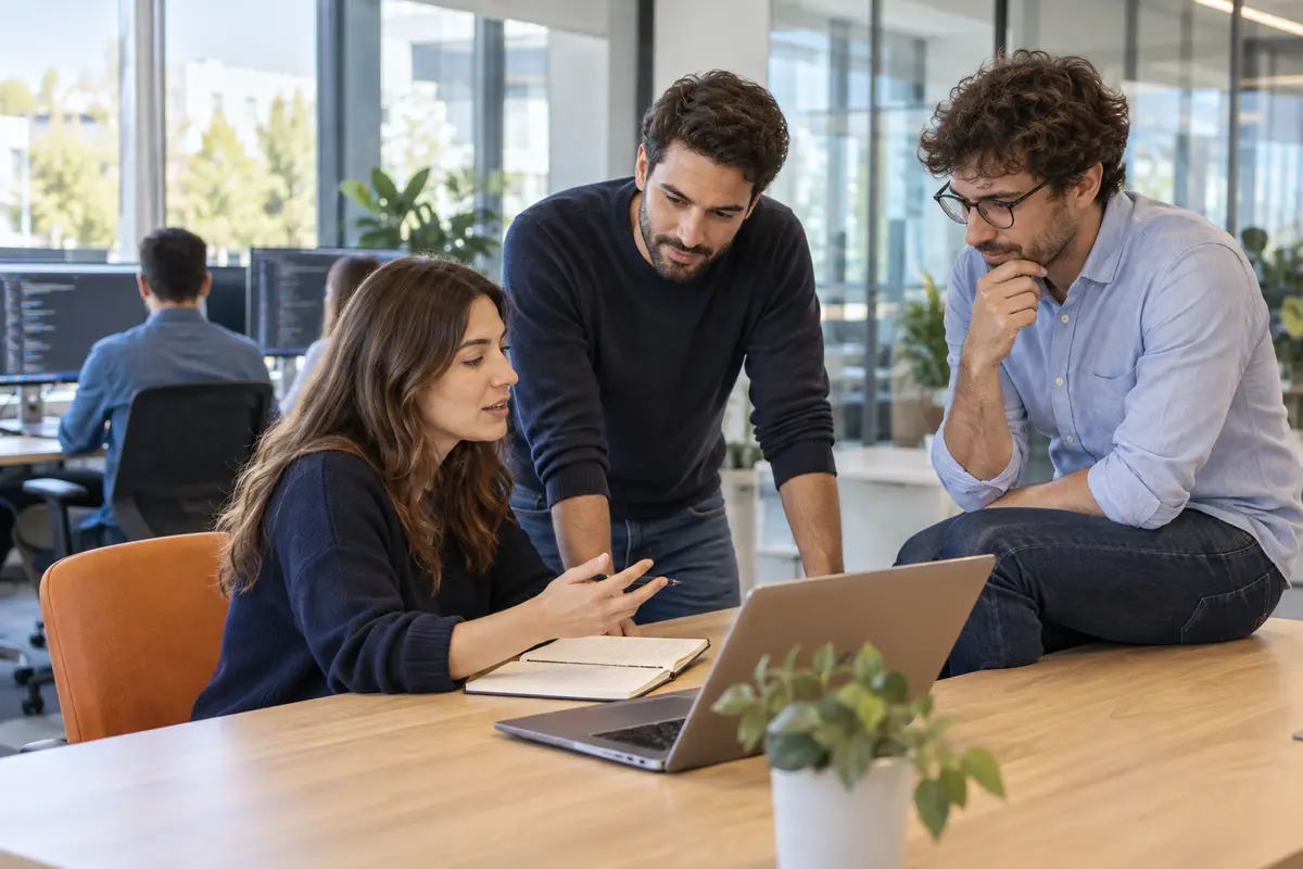 Collaboration within a software development team. Illustrative scene
