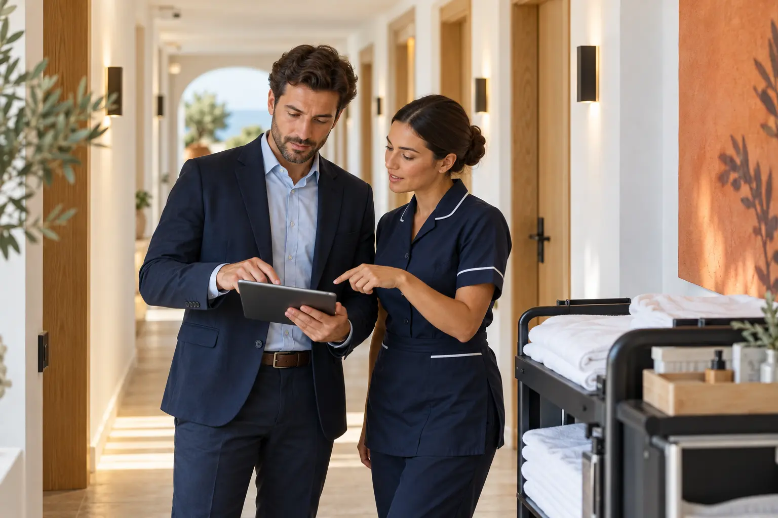 Across departments — Coordinating people and tasks is part of everyday hotel operations. Illustrative scene