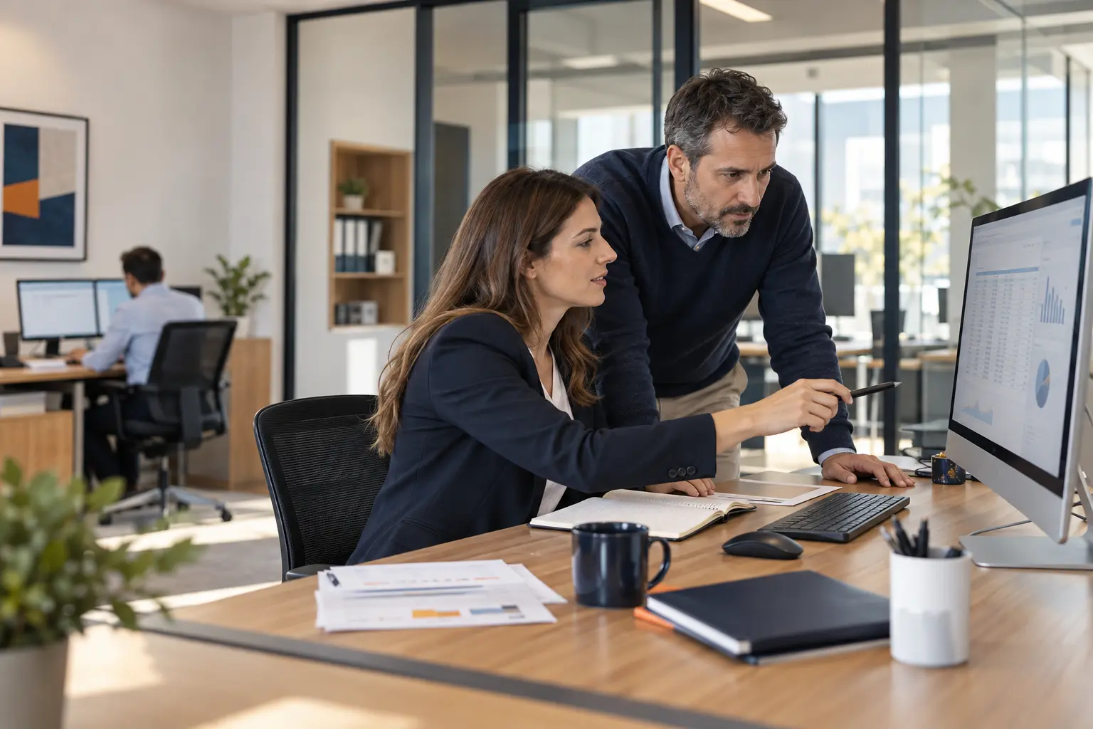 Working together — Reviewing management information and making decisions together. Illustrative scene