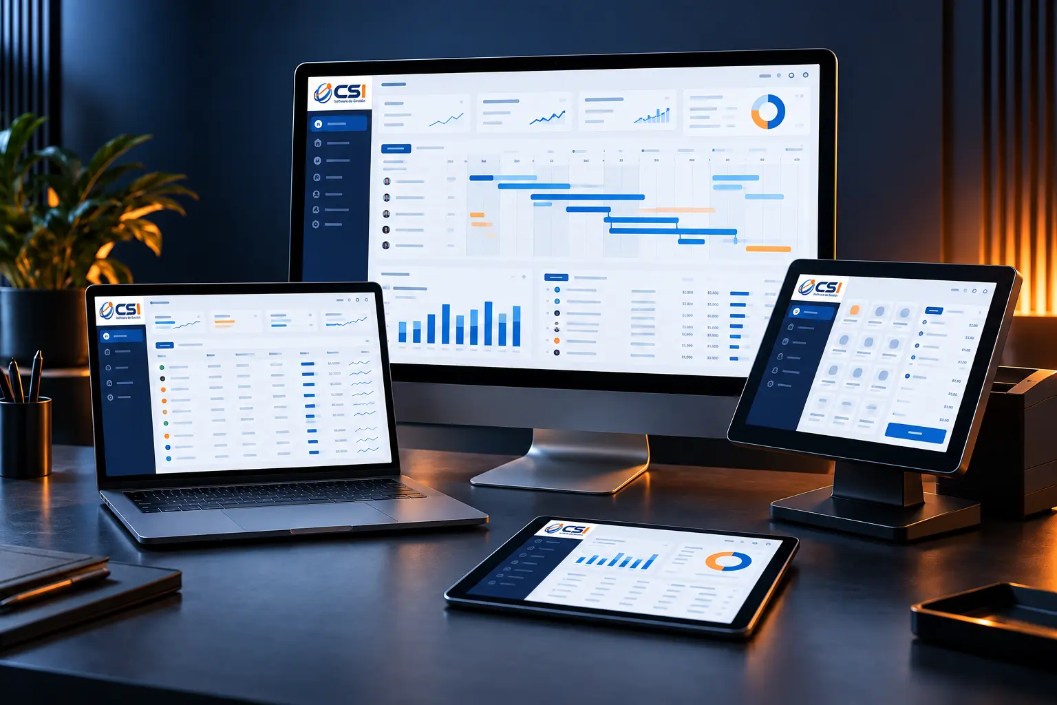 Technology workspace with the CSI logo on four screens and conceptual interfaces. Illustrative scene